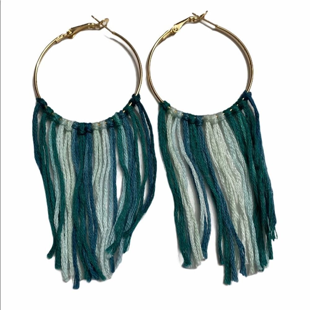 Boho Fringe Tassel Gold Hoop Earrings‎ Green Big